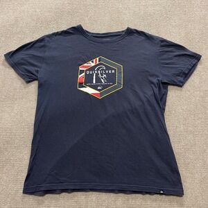 QUIKSILVER MENS NAVY LOGO T SHIRT ‎ WITH GRAPHIC SIZE LARGE 100% COTTON